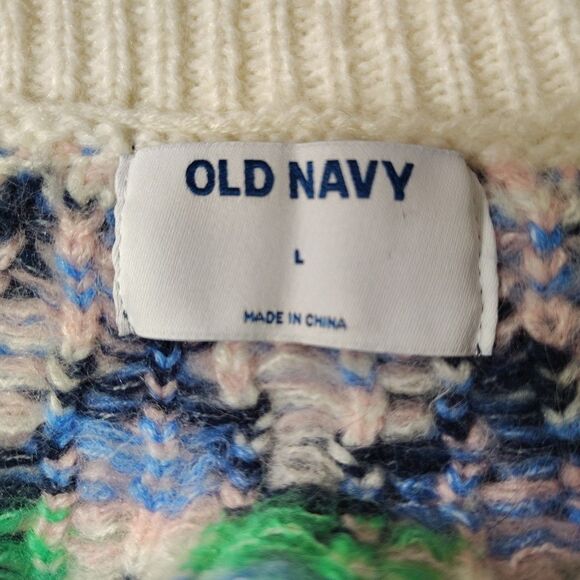 Old Navy Women Sweater Fair Isle Navy Blue Festive Colors Crew Neck Size L - Picture 3 of 9